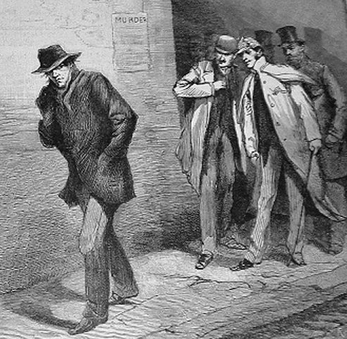 Una stampa d'epoca illustra il clima di sospetto che sorse a Londra, in concomitanza con gli omicidi di Jack lo Squartatore
