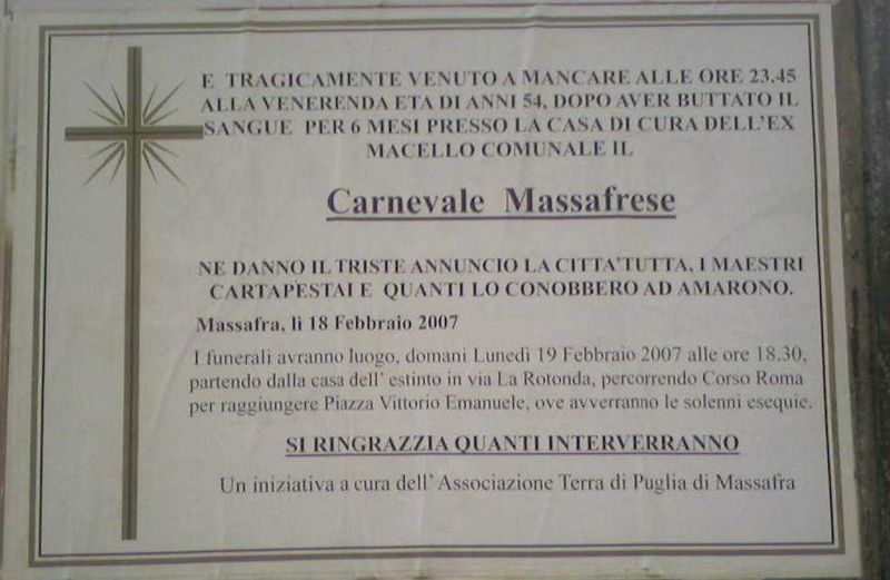 L'ironico annuncio funebre per la 'morte del Carnevale' a Massafra